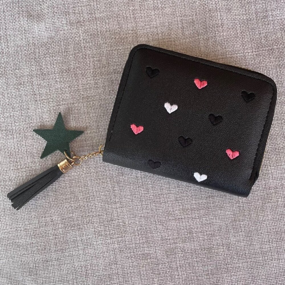 Black Faux Leather Wallet with Embroidered Hearts and Star Tassel Zipper Closure